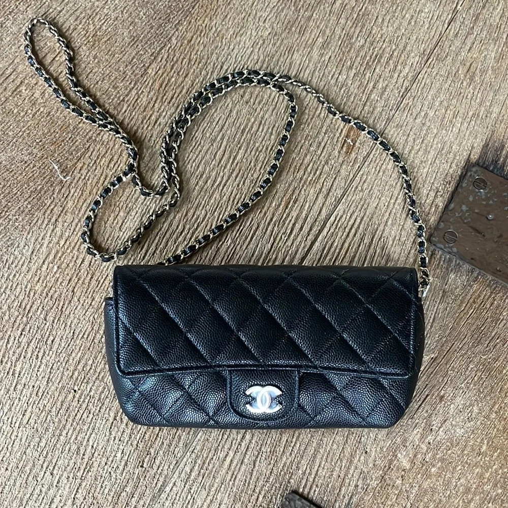 Chanel black caviar eyeglass sunglass crossbody case on chain with box
